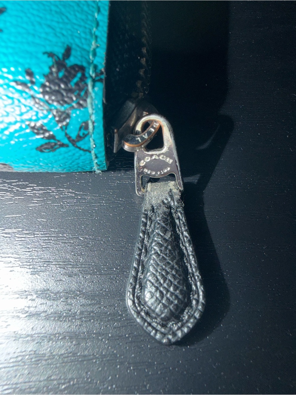 Coach Teal Zip-Around Wallet with Black Rose Print - Picture 3 of 4